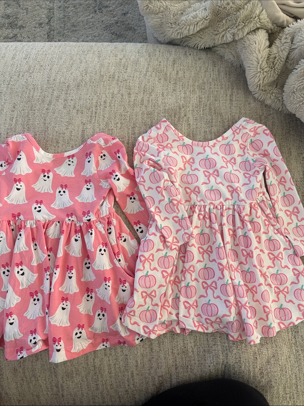 Ruffle Butts Pink Ghost & Pumpkin Print Long Sleeve Dresses